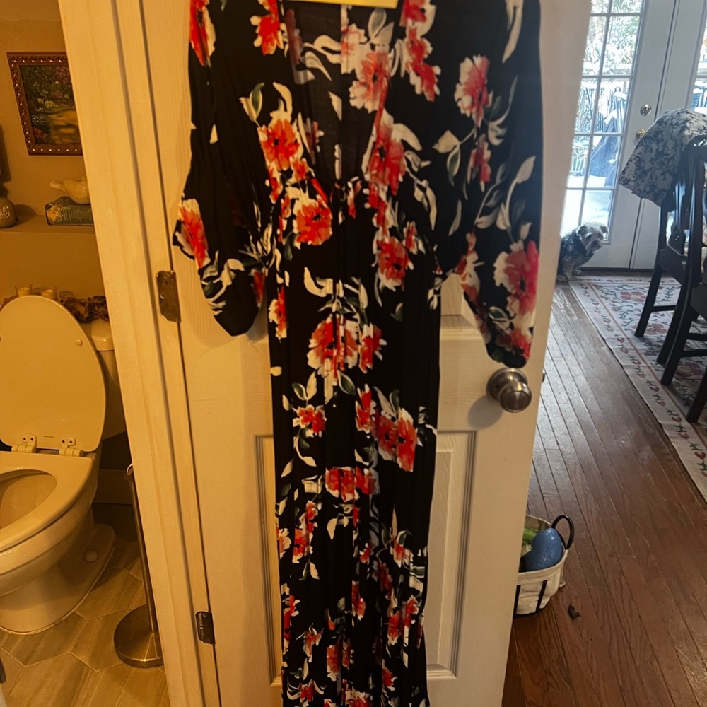 Vici Elegant Black Dress with Red and White Floral Pattern